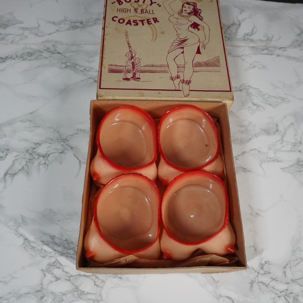 VTG Busty High Ball Coaster Set of 4 Novelty Barware Mid Century Gag Gift Box - Picture 4 of 7